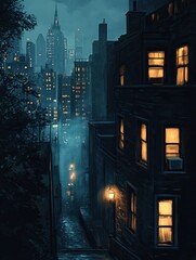 Poster - Dark cityscape illuminated by windows reveals a quiet night in an urban setting. Generative AI