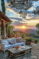 Wall Mural - Cozy outdoor patio with wooden furniture overlooking a stunning sunset and scenic mountain views.