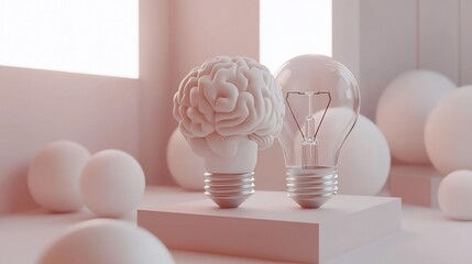 A human brain shaped light bulb and a traditional light bulb on a platform with other white spheres in the background.