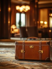 Aufkleber - Luxurious leather suitcase with golden hardware set against elegant interior decor in upscale location. Generative AI