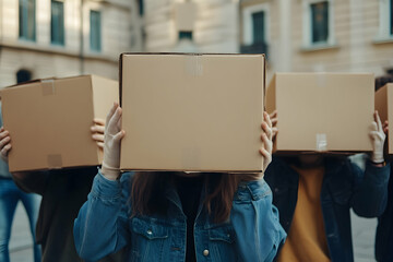 Group of Individuals with Cardboard Boxes Covering Their Faces, Symbolizing Anonymity-