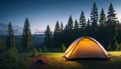 camping tent at the bottom of the image in front of a green forest at dusk at the top of the image, 