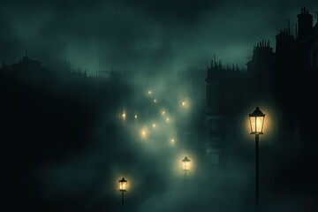 Aufkleber - Dark urban landscape with a few glowing windows amidst a foggy atmosphere. Generative AI