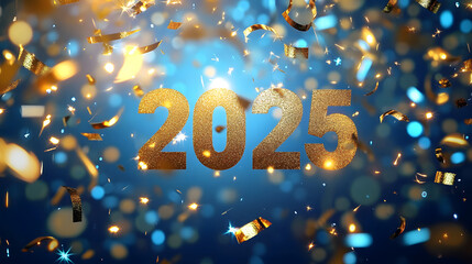 Wall Mural - Vibrant 2025 Happy New Year Backdrop: Festive Gold and Blue Design for Marketing and Celebrations