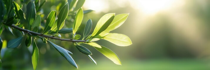 Wall Mural - A leafy green branch with a sun shining on it. The sun is casting a warm glow on the leaves, making them look fresh and vibrant