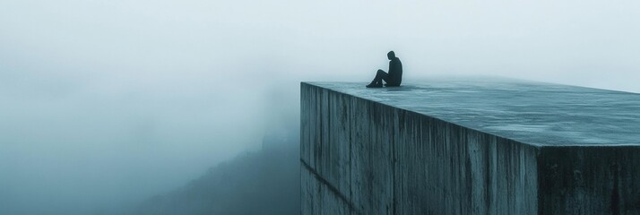 Aufkleber - Lonely figure contemplates life on the edge of a foggy bridge in an isolated landscape. Generative AI