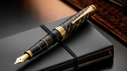 Aufkleber - Luxury fountain pen with exquisite gold accents resting on a beautifully crafted notebook. Generative AI