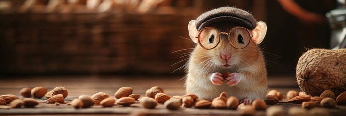 Poster - Cute hamster in round glasses and a tiny cap sitting among almonds indoors. Generative AI