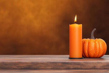 Wall Mural - vibrant orange candle beside pumpkin on wooden table creates warm autumn atmosphere