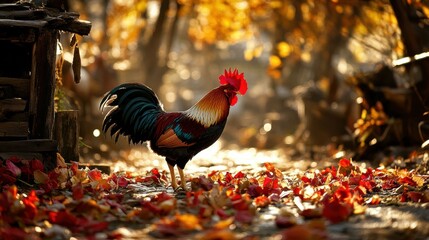 Wall Mural - A rooster stands amidst fallen autumn leaves. AI.