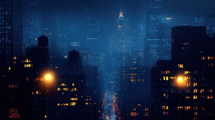 Aufkleber - Nighttime cityscape with illuminated windows in a dark and moody urban environment. Generative AI