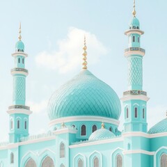 Wall Mural - Teal mosque dome and minarets against a bright sky.