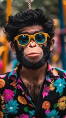 Poster - A man with a monkey-like face wearing sunglasses and a floral shirt. AI.