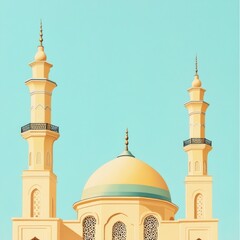 Islamic mosque architecture, two minarets, dome.