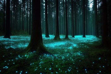 Wall Mural - A forest with glowing trees and grass. The idea of the image is to capture the beauty of nature and the magic of the glowing trees