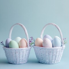 Wall Mural - Two pastel Easter egg baskets on blue.