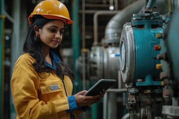 Poster - Female engineer using digital tablet, inspecting industrial equipment in factory