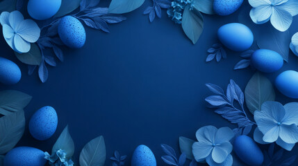 Poster - Festive easter eggs and leaves border on a classic blue background, ideal for springtime festivities and holiday well wishes