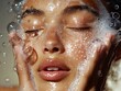 © artkozyr - Woman cleansing her face with bubbles under natural light in a serene setting