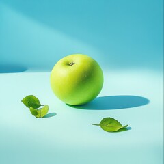 Wall Mural - Single green apple with leaves on blue background.