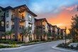 © Lubos Chlubny - Modern residential buildings at sunset: new luxury apartments with balconies and landscaping