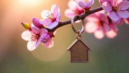 Aufkleber - A house-shaped keychain hangs from a blossoming branch against a soft, blurred background. Concept of: New home ownership and spring.
