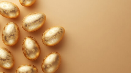 Poster - Festive border with copy space created by shiny golden easter eggs arranged on a warm background