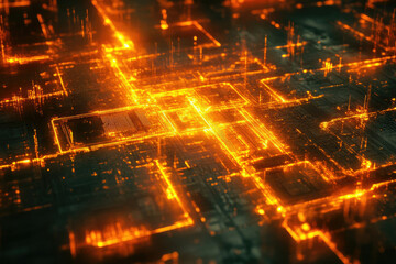 Wall Mural - glowing orange circuits illuminate a futuristic technological landscape, showcasing intricate networ