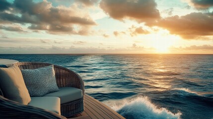 Poster - Luxury yacht deck showcases elegant furniture during sunset on tranquil ocean waters. Generative AI