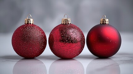 Poster - Three red glitter Christmas ornaments on marble.