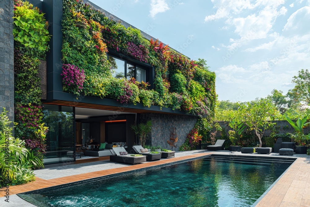 Modern house featuring a green wall and a swimming pool promoting ...