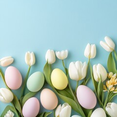 Wall Mural - Pastel Easter eggs and white tulips on blue background. (1)