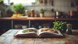 © TawaUStock - A rustic recipe book laid open on a wooden countertop with vibrant photos of classic dishes, soft natural light illuminating the pages, blurred background of vintage kitchen decor, mood of simplicity
