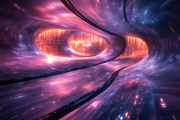 Wall Mural - a futuristic, glowing tunnel with vibrant pink and orange hues, suggesting a digital highway or hype