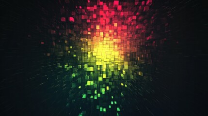 Poster - Vibrant glowing mosaic creates a pixelated pattern in a dark space during a digital art display. Generative AI