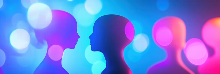 Poster - Faceless avatars create a vibrant, abstract backdrop for text with colorful bokeh effects and soft silhouettes. Generative AI