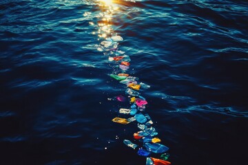 Wall Mural - colorful plastic waste drifts on the surface of a deep blue ocean during a bright sunny day. generat