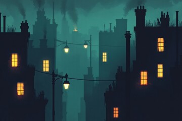 Aufkleber - Dark city skyline with illuminated windows during a foggy night in an urban environment. Generative AI