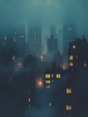 Poster - Dark urban skyline with illuminated windows creating a mysterious nighttime atmosphere. Generative AI