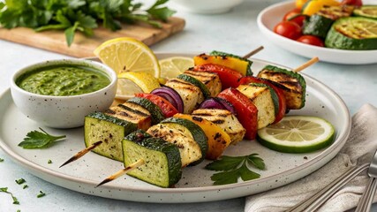 Wall Mural - Colorful skewers with grilled tofu, zucchini, bell peppers, red onion, and a vibrant green dipping sauce create a healthy and appealing meal