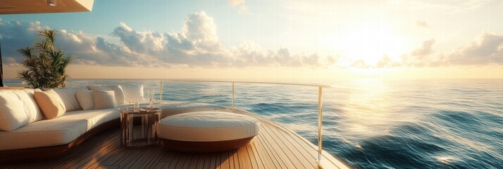 Poster - Luxurious yacht deck with elegant furniture overlooking a serene sunset on the calm ocean. Generative AI