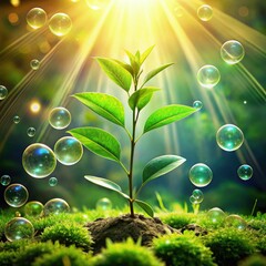 Poster - Lush Green Plant Thriving in a Radiant Setting With Bubbles of Oxygen. Generative AI