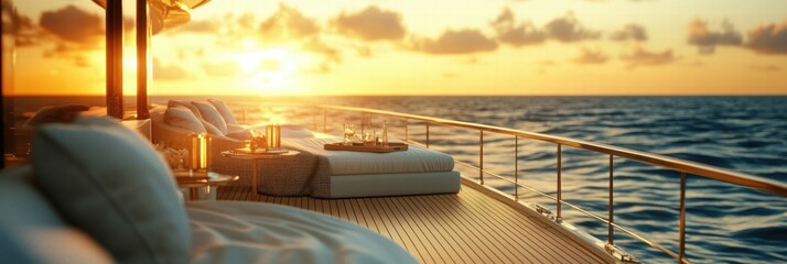 Aufkleber - Luxury yacht deck features elegant furniture and stunning sunset view over the ocean horizon. Generative AI