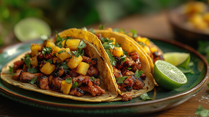 Wall Mural - Tacos with pineapple and cilantro on a dark wood table