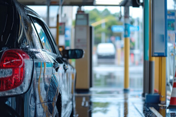 Water sprays on a car while it is being cleaned at a self-service car wash during daylight, highlighting the shiny surface and wet ground