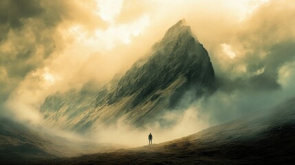 Aufkleber - Loneliness felt deeply as a figure stands at the base of a towering mountain under dramatic skies filled with clouds. Generative AI
