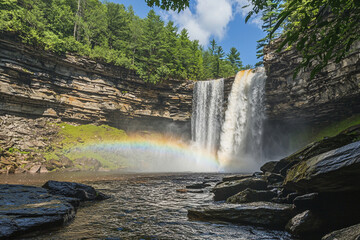 Wall Mural - Beautiful rainforest waterfall with a rainbow arc