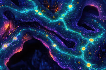 Wall Mural - abstract fractal artwork depicting vibrant, glowing neural pathways with interconnected nodes, resem