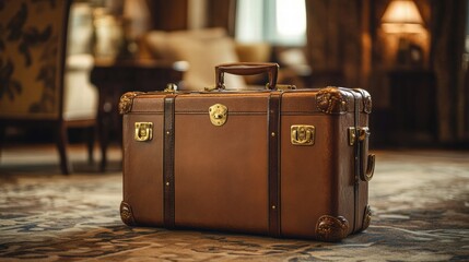 Aufkleber - Luxurious leather suitcase with golden hardware placed elegantly in a sophisticated hotel lobby during daytime. Generative AI