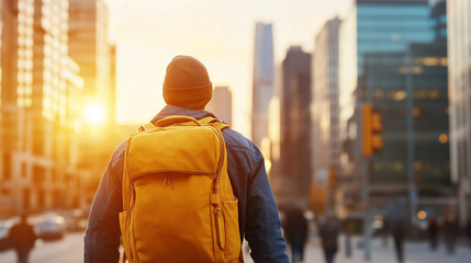 Wall Mural - Traveler wearing yellow backpack navigating crowded city streets during golden sunset light, embodying urban wanderlust and spontaneous journey